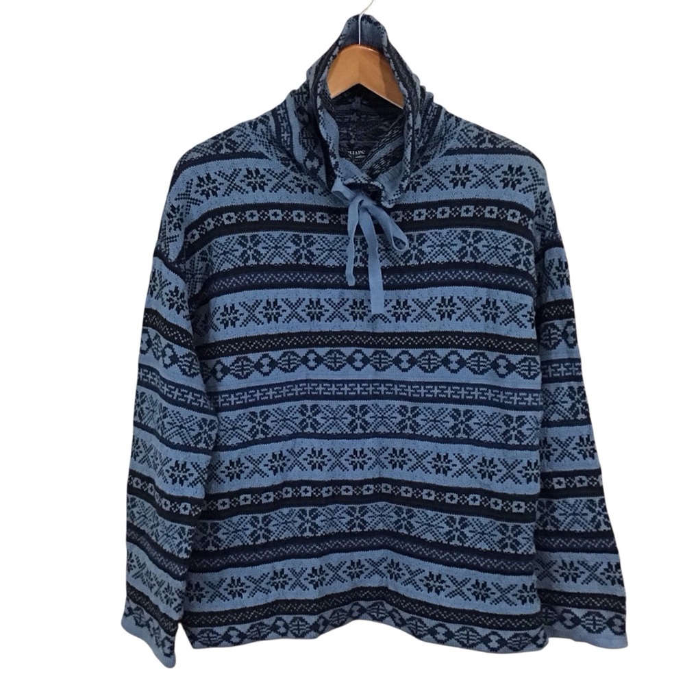 Chaps Fair Isle‎ Sweater Womens Medium Cowl Neck with Drawstrings Indigo Blue